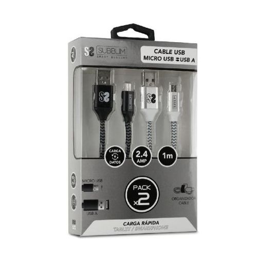 Cabo Subblim USB 2.0 SUB-CAB-1MU001 Pack 2/ MicroUSB Macho - USB Macho/ 1m/ Preto e Prata
