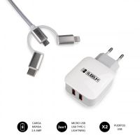 SUBBLIM Carregador USB DE VIAJE/PARED 2xUSB (2.4A) + cabo 3EN1 WHITE Plata, branco Interior